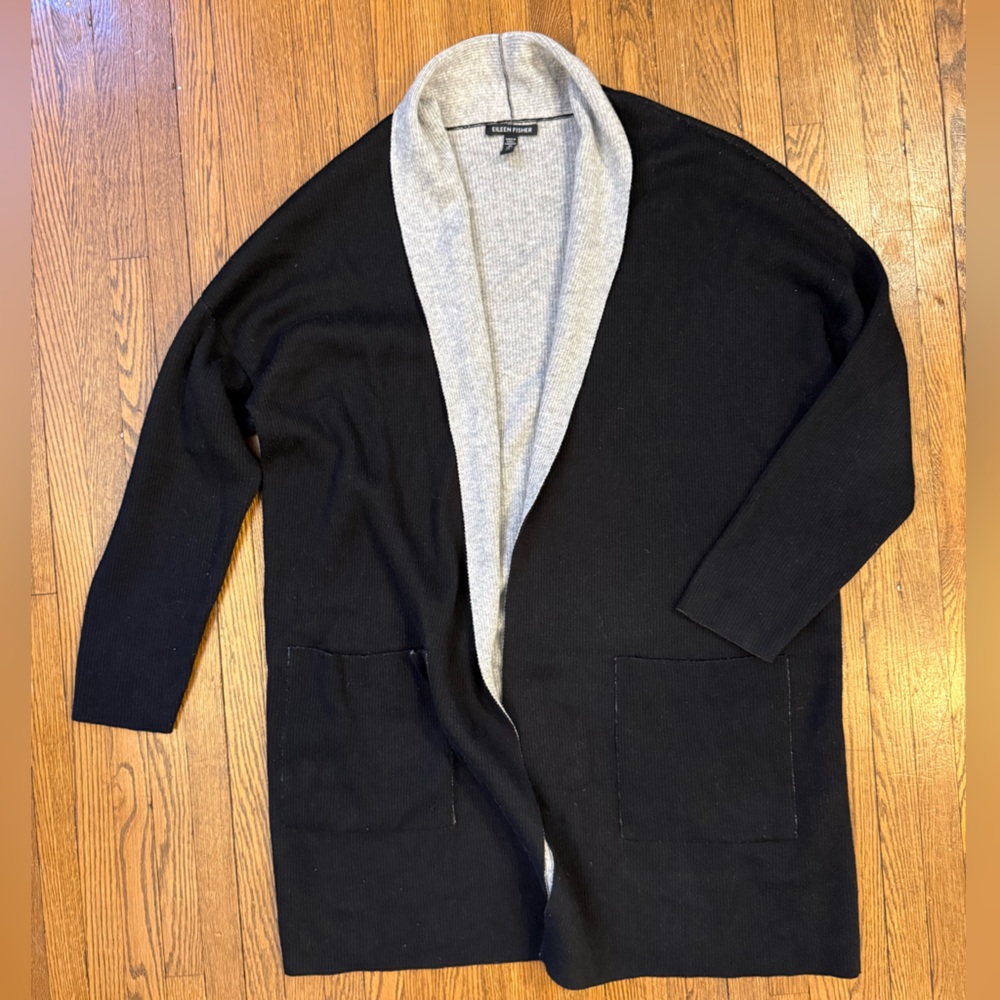 Eileen Fisher Reversible Black Grey Shawl Collar Open Front Cardigan Sweater L - Picture 3 of 4